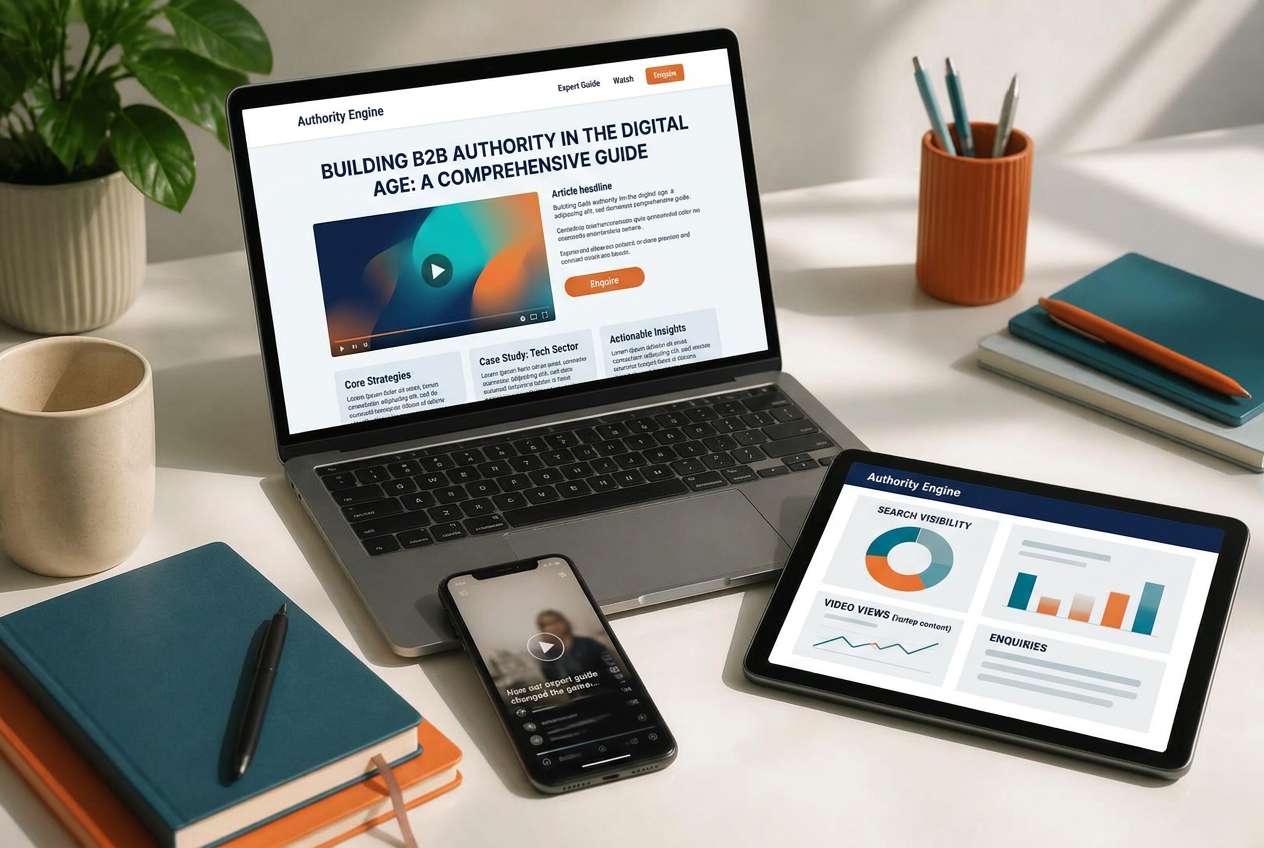 An Authority Engine landing page with expert video, social cut-down and performance report across laptop, phone and tablet